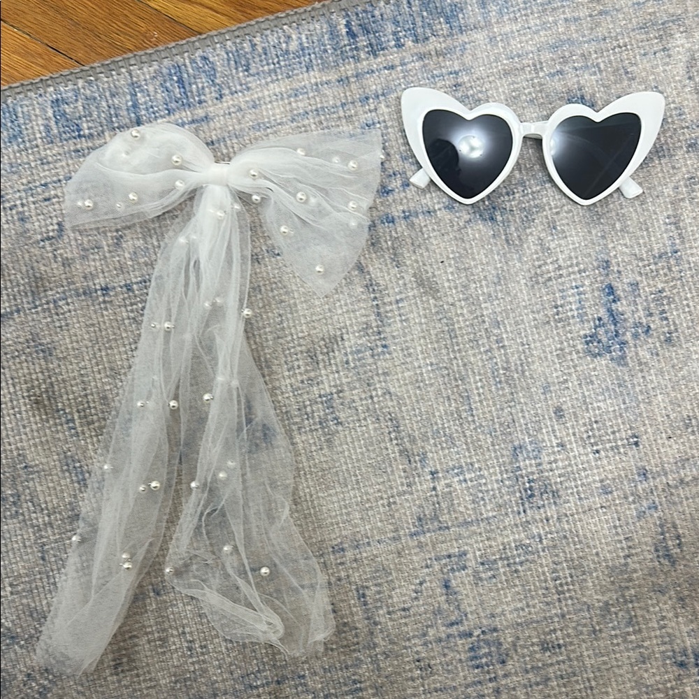 White Heart Sunglasses and Sheer Veil Bow Set